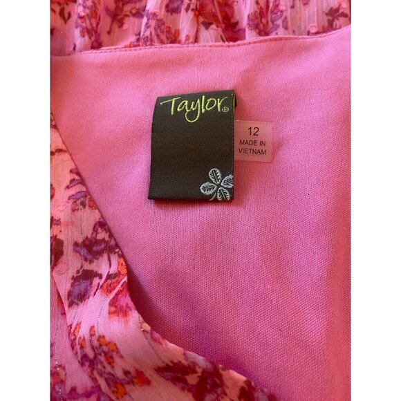 Taylor Pink Floral Print Dress 12 V-Neck Button Front Tiered Midi Lined Artsy - Picture 3 of 15